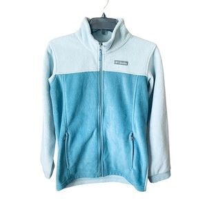 Columbia girls fleece full zip mock neck jacket pockets L 14/16 turquoise blue